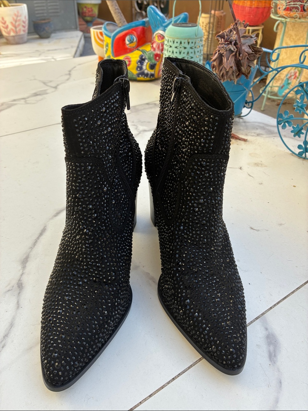 Crown Vintage Black rhinestone Embellished Pointed Toe Ankle Boots